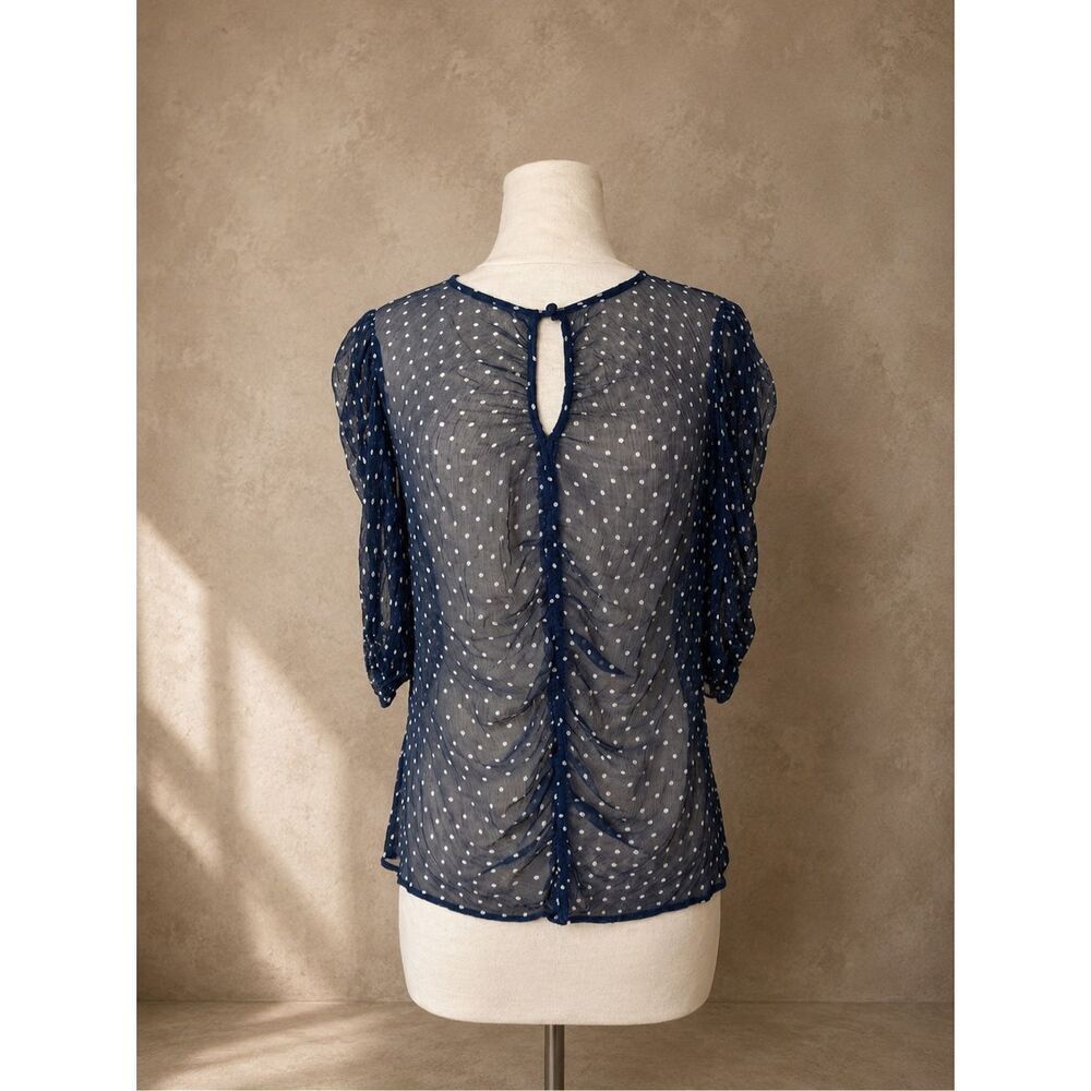 FRAME Sheer Navy Polka Dot Ruched Puff Sleeve Top